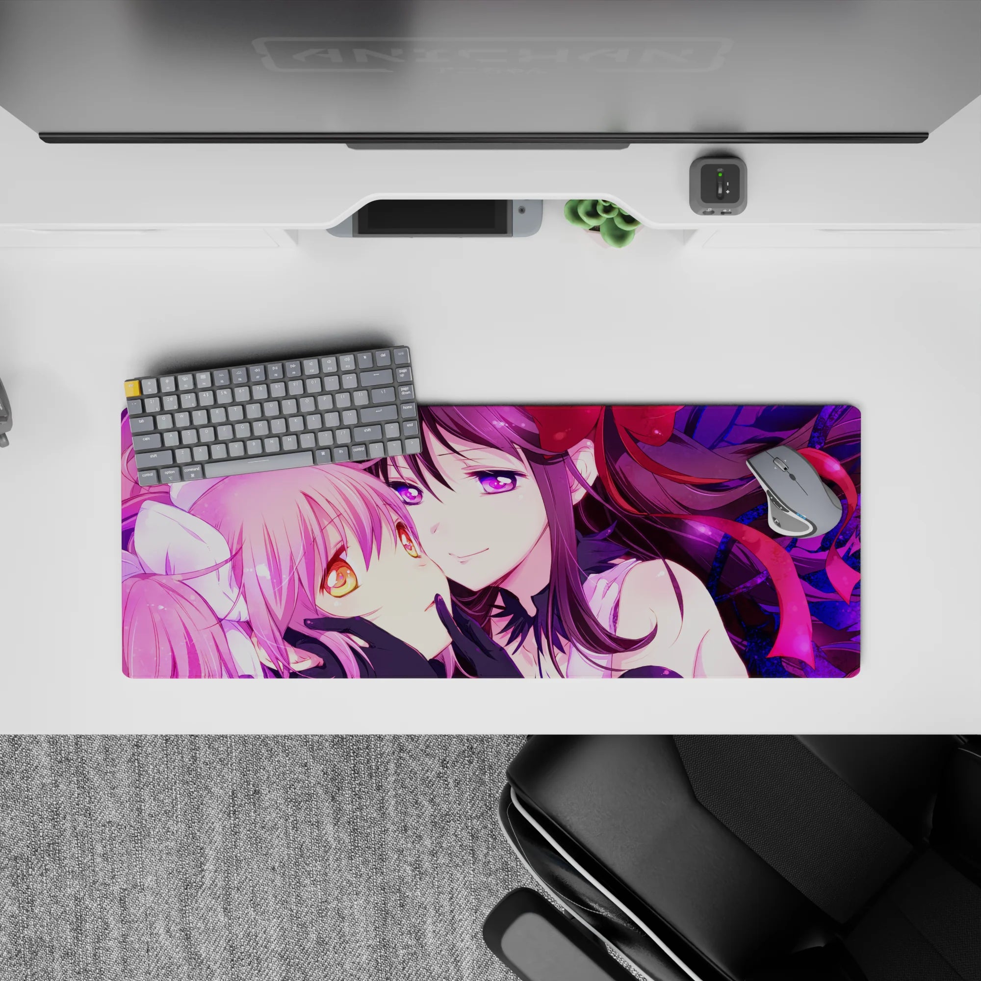 32x12 inches neon magenta and violet anime desk mat, sparkly stained-glass swirl background.