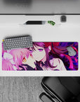 32x12 inches neon magenta and violet anime desk mat, sparkly stained-glass swirl background.