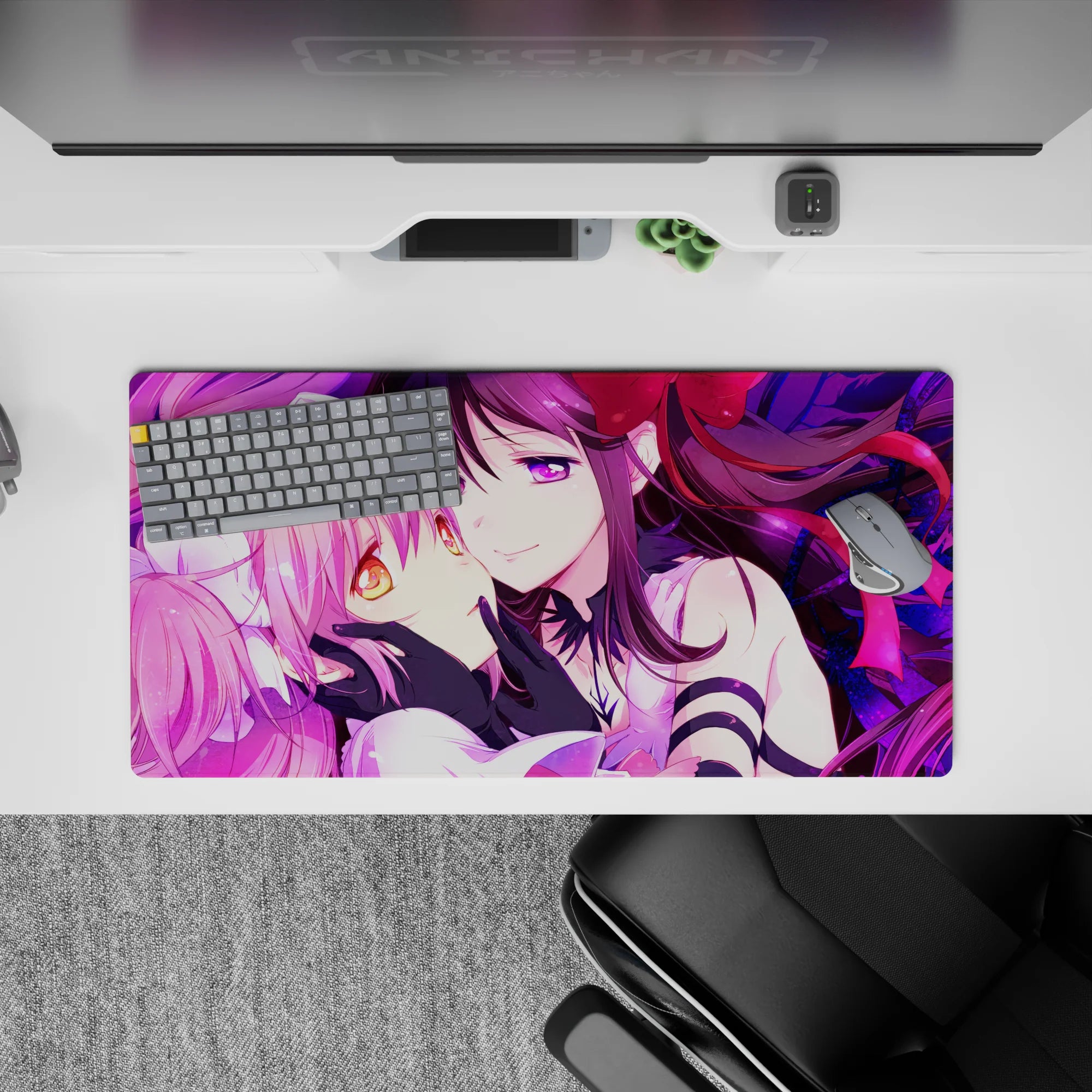32x16 inches neon magenta and violet anime mouse pad with sparkly stained-glass glow, dreamy smooth vibe.