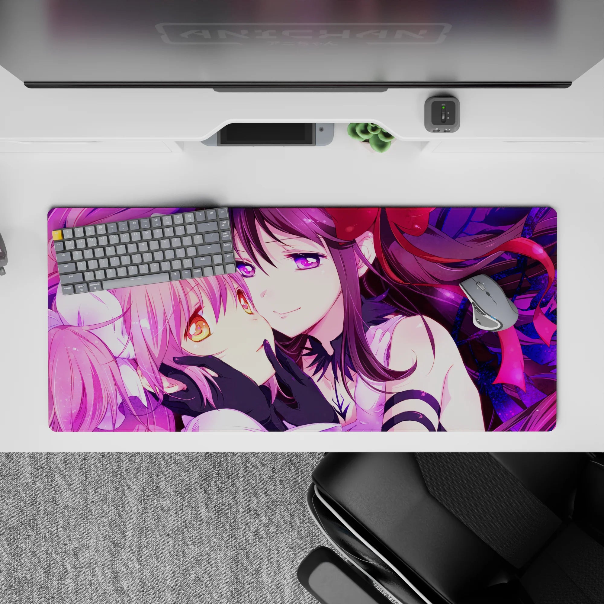 Neon magenta and violet glow anime desk pad 36x16 inches, sparkly dreamy vibe with glossy accents.