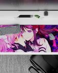 Neon magenta and violet glow anime desk pad 36x16 inches, sparkly dreamy vibe with glossy accents.