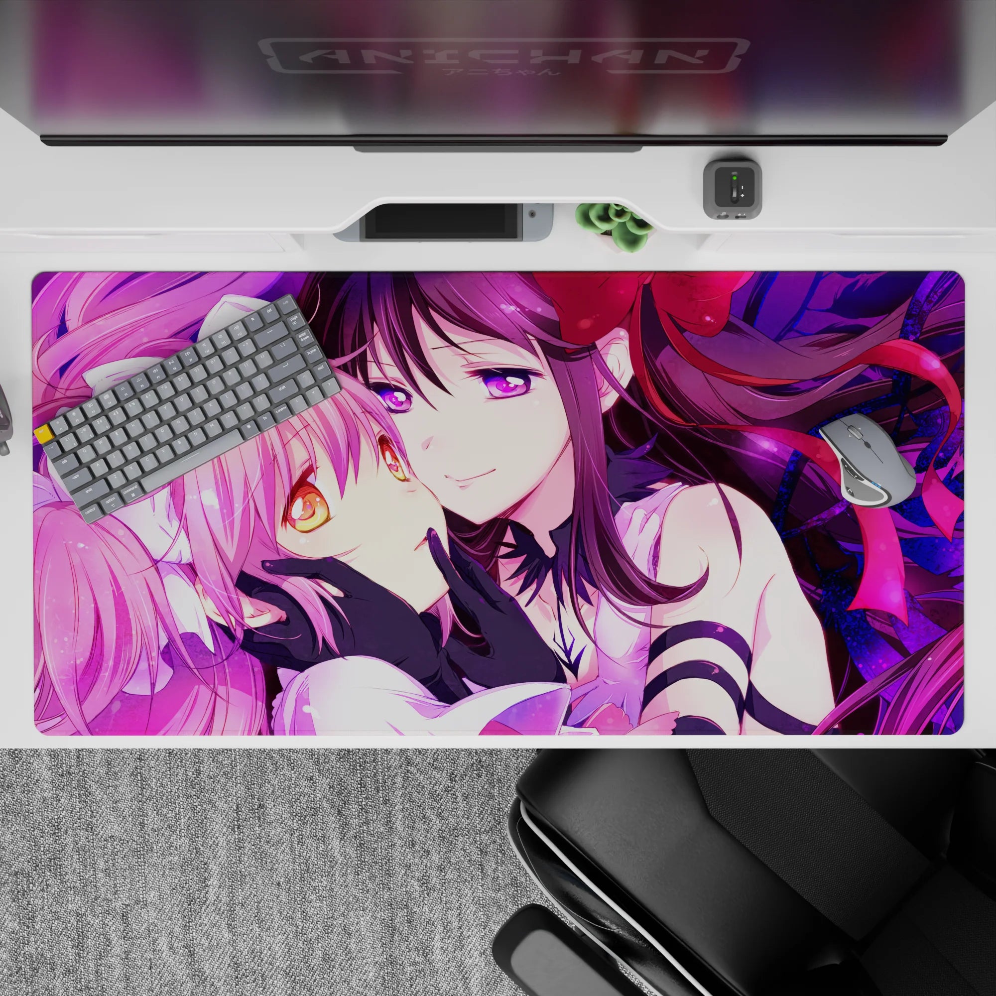 Neon magenta and violet anime desk pad 40x20 inches, sparkly dreamy glow with frills and ribbons.