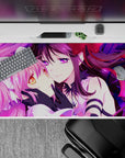 Neon magenta and violet anime desk pad 40x20 inches, sparkly dreamy glow with frills and ribbons.