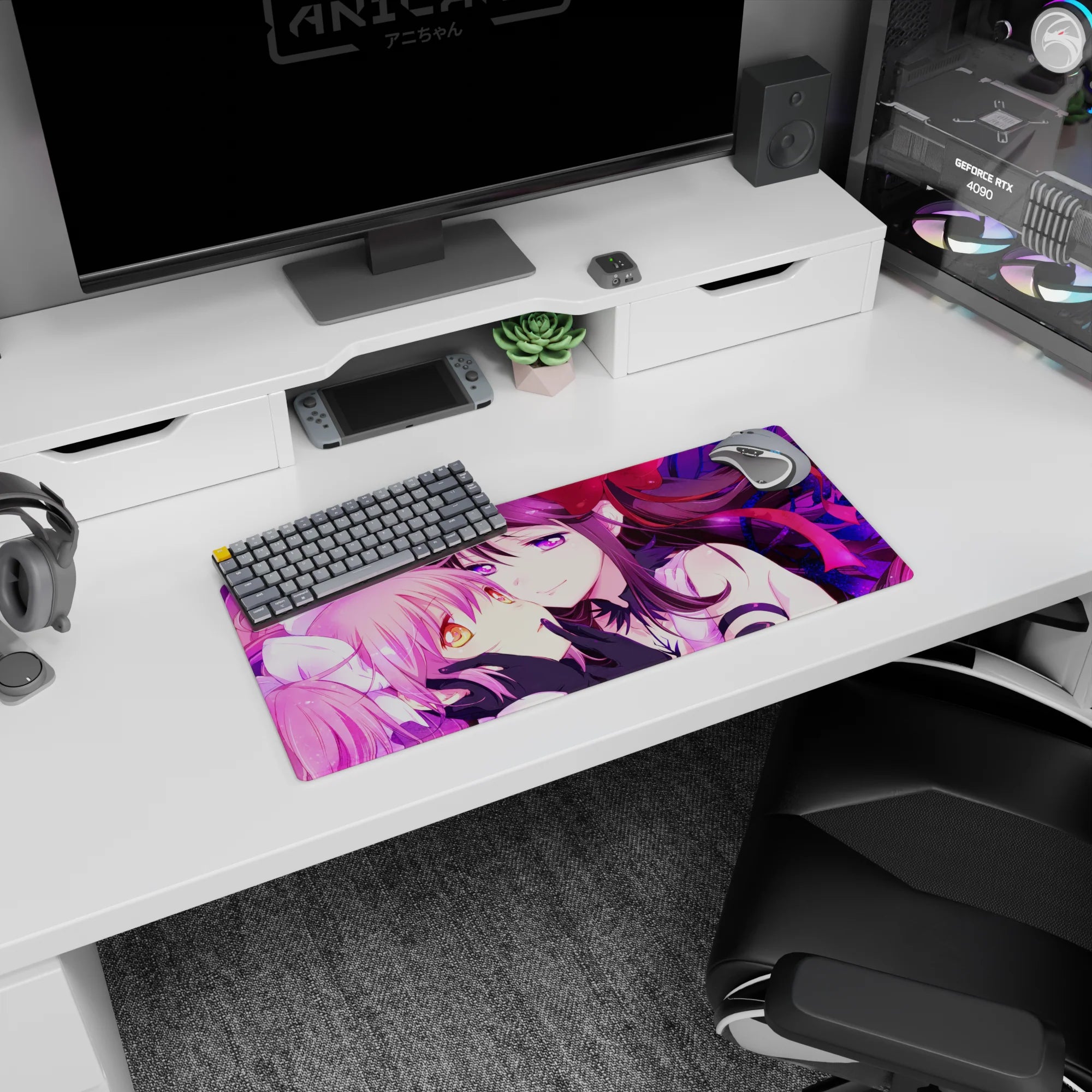 28x12 inches anime mouse pad showing pink twin-tail girl and dark-haired purple-eyed girl cuddling.