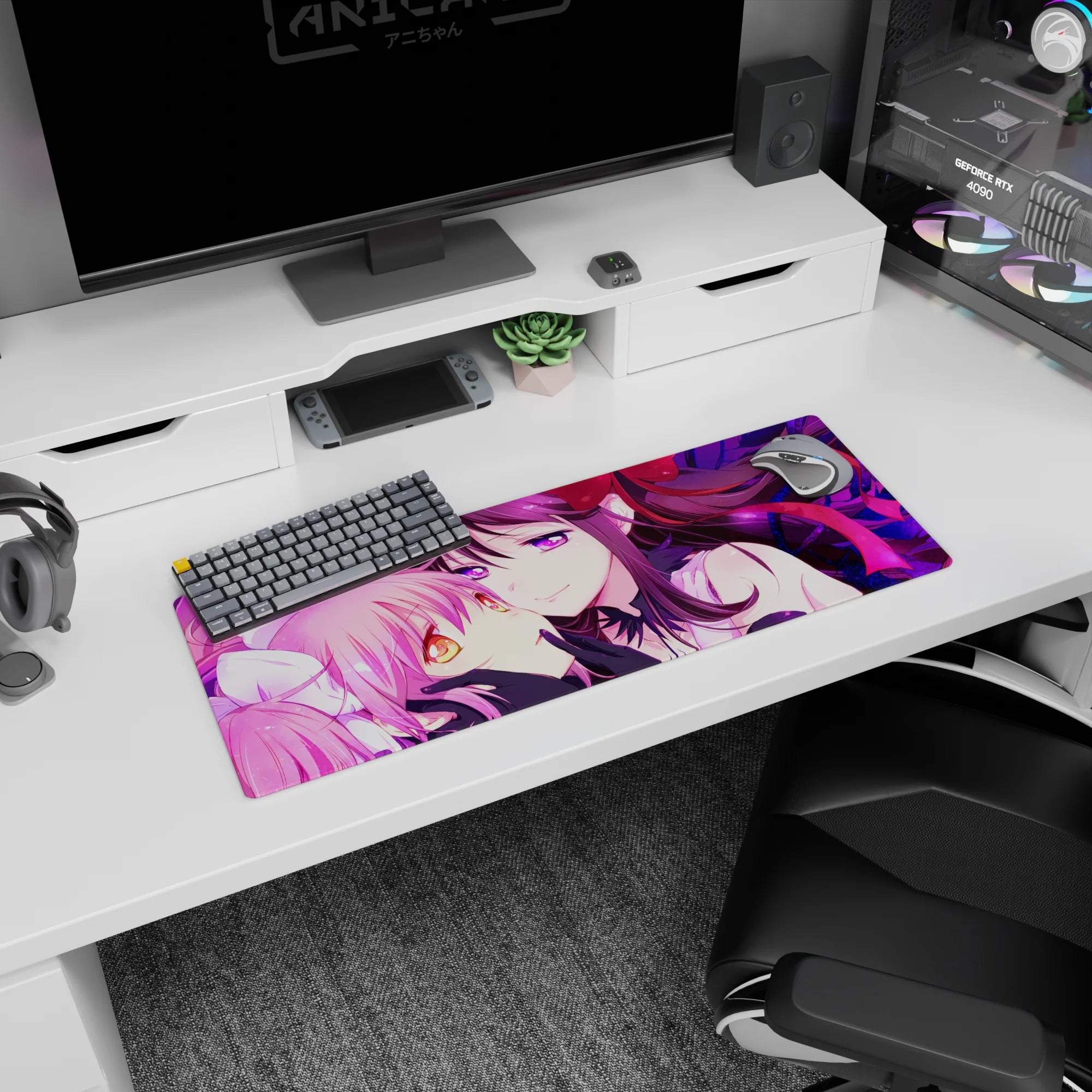 32x12 inches anime mouse pad showing pink twin-tail girl with amber eyes beside dark-haired purple-eyed girl.