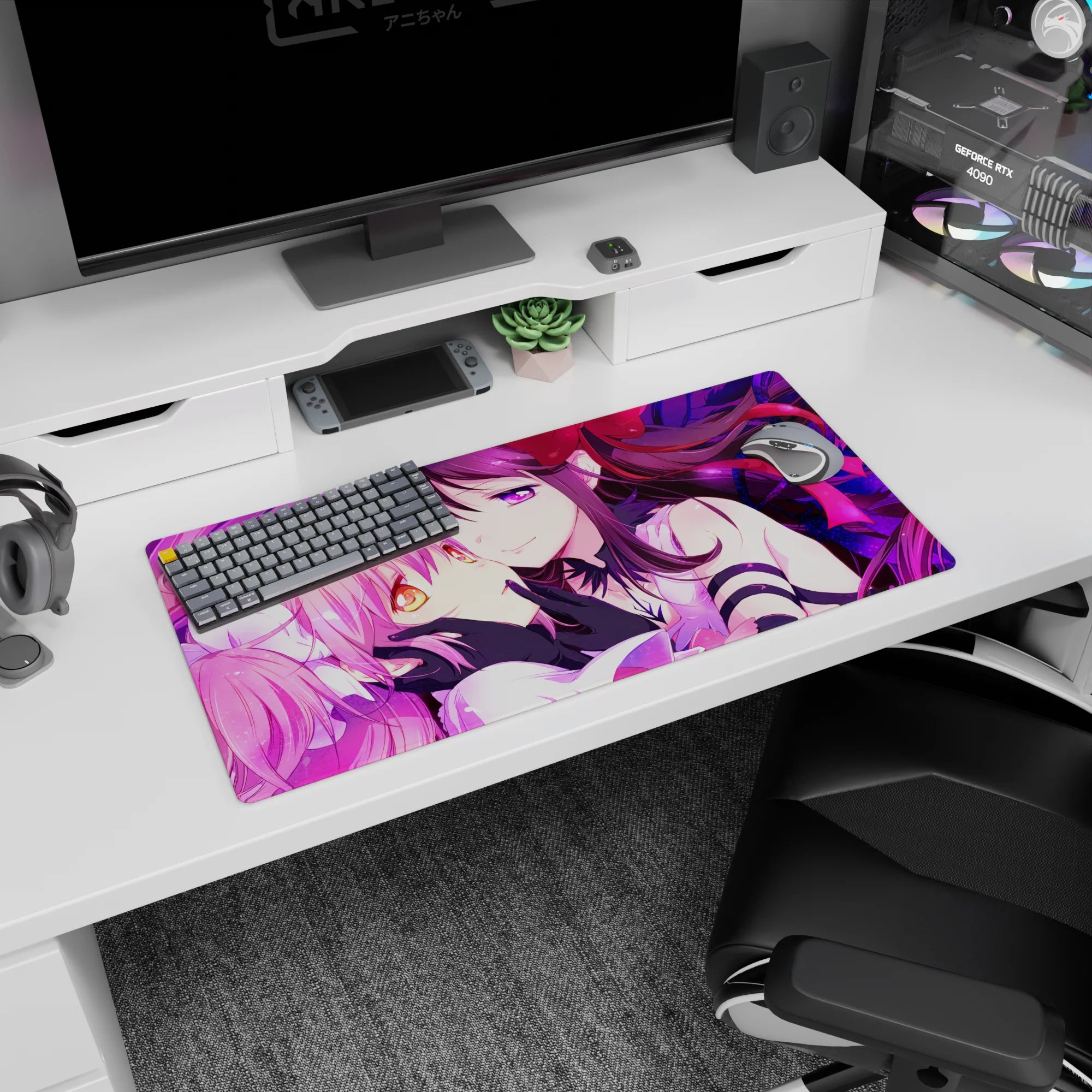32x16 inches anime girl mouse pad featuring pink twin tails and a dark-haired girl with purple eyes, close pose.