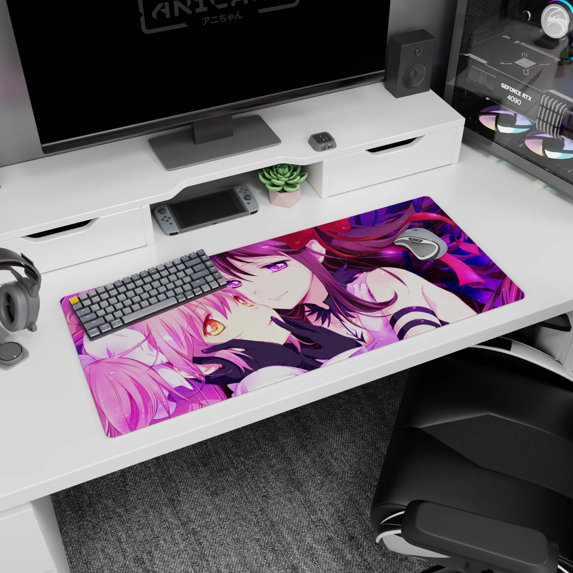 Cheek-to-cheek anime girl pair desk pad 36x16 inches, pink twin tails and dark-haired girl smiling.