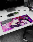 Cheek-to-cheek anime girl pair desk pad 36x16 inches, pink twin tails and dark-haired girl smiling.