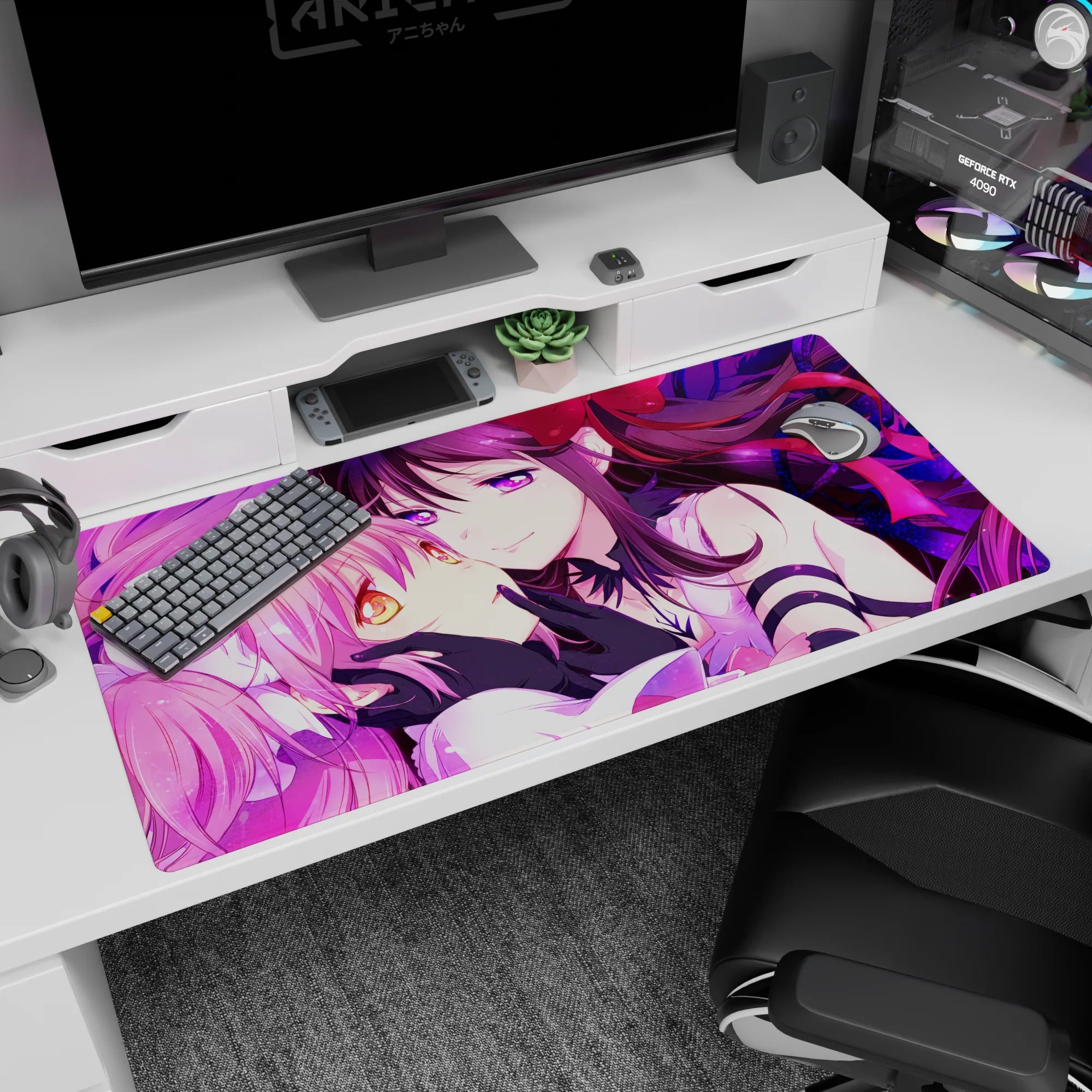 40x20 inches anime girl desk pad showing pink twin tails and dark-haired girl posing cheek-to-cheek.