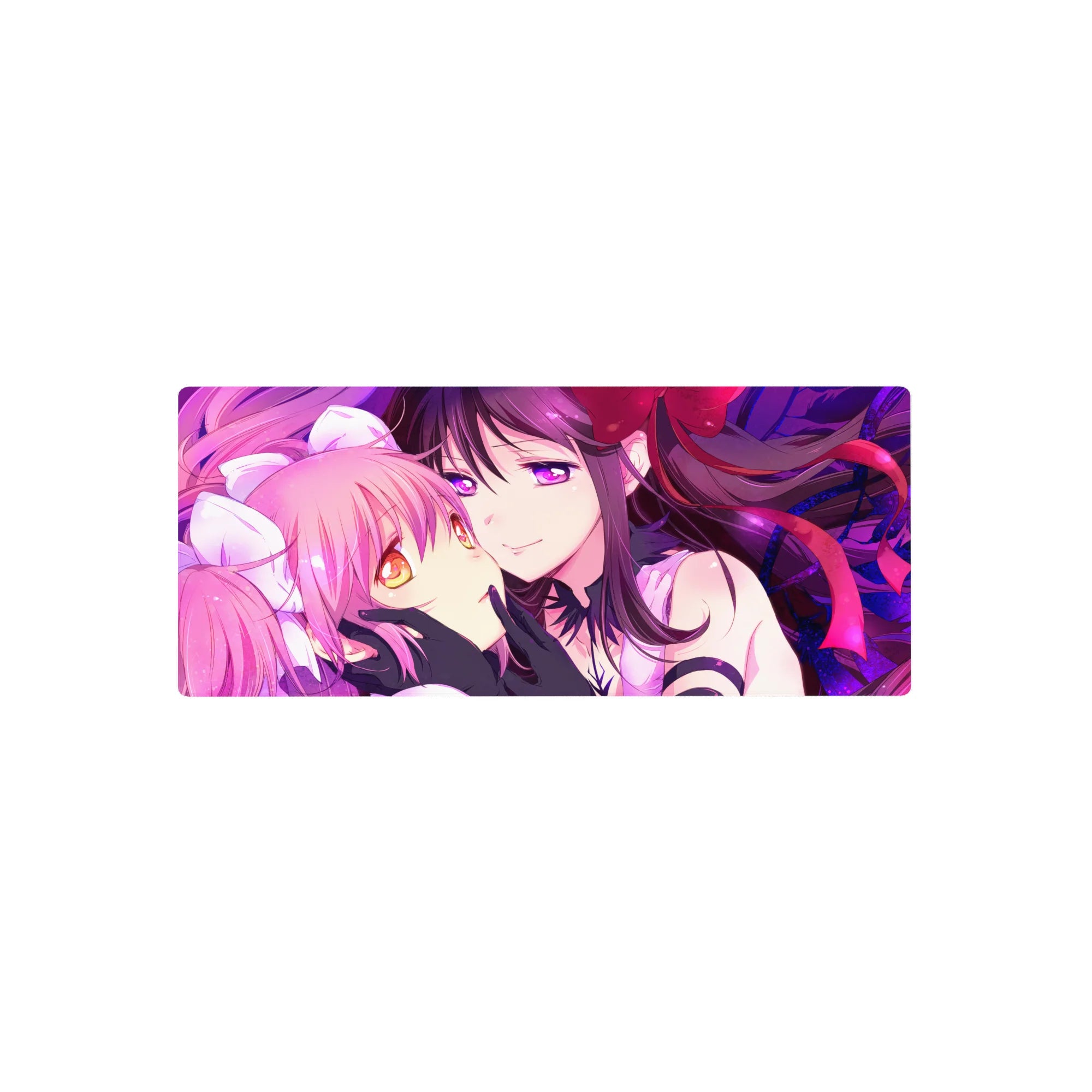 28x12 inches anime girl mouse pad with two girls cheek-to-cheek, ribbons, frills, and black gloves.
