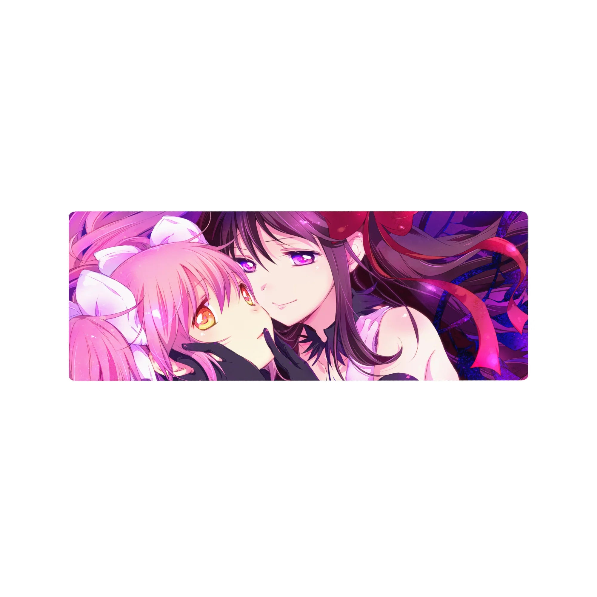 32x12 inches anime girl mouse pad with two girls cheek-to-cheek, ribbons, frills, black gloves.