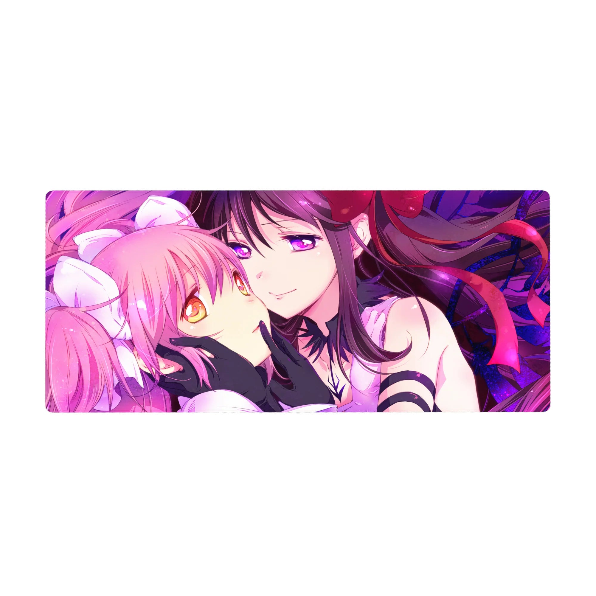 Anime girl desk pad 36x16 inches with two cute girls, ribbons, frills, black gloves, stained-glass swirl.