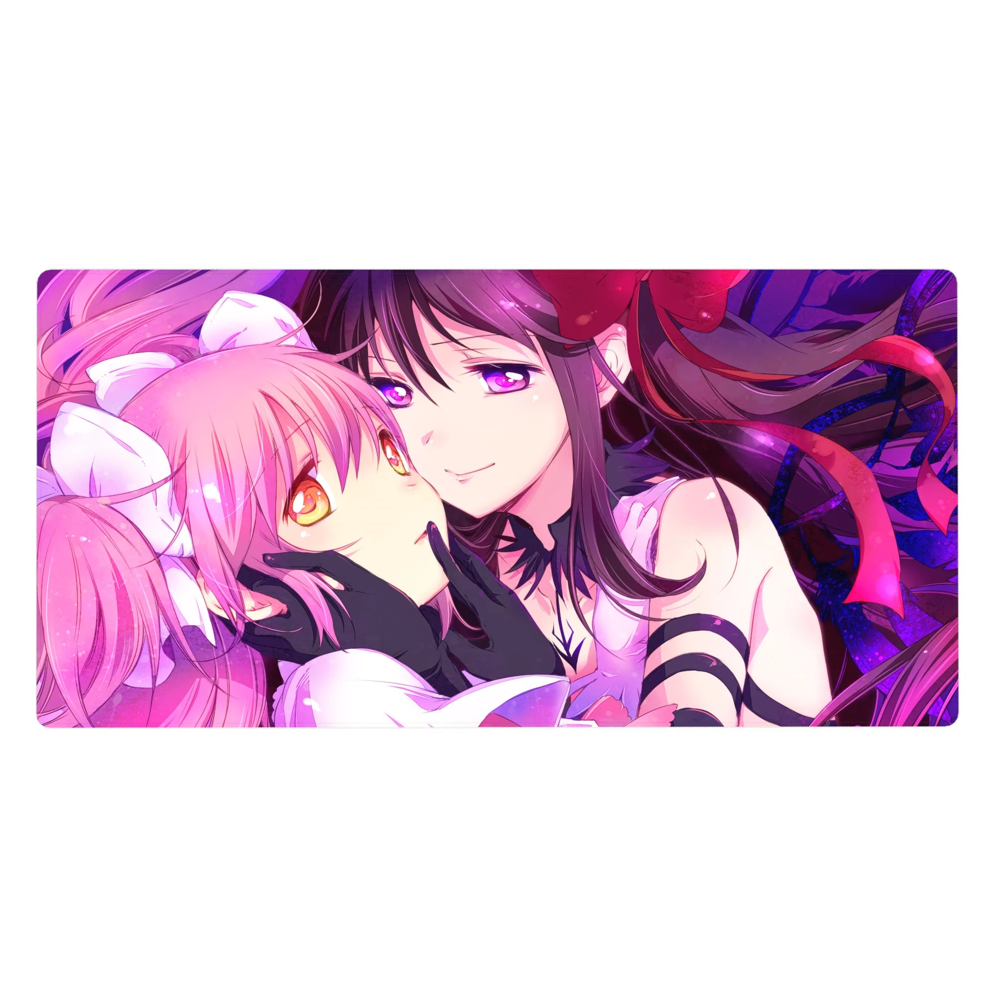 Anime girl desk pad 40x20 inches with two girls cheek-to-cheek, gloves, ribbons, stained-glass swirl.