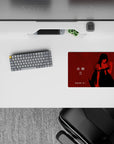 Crimson red anime girl mouse pad 14x10 inches, midnight mood with sharp black contrast and Japanese text.