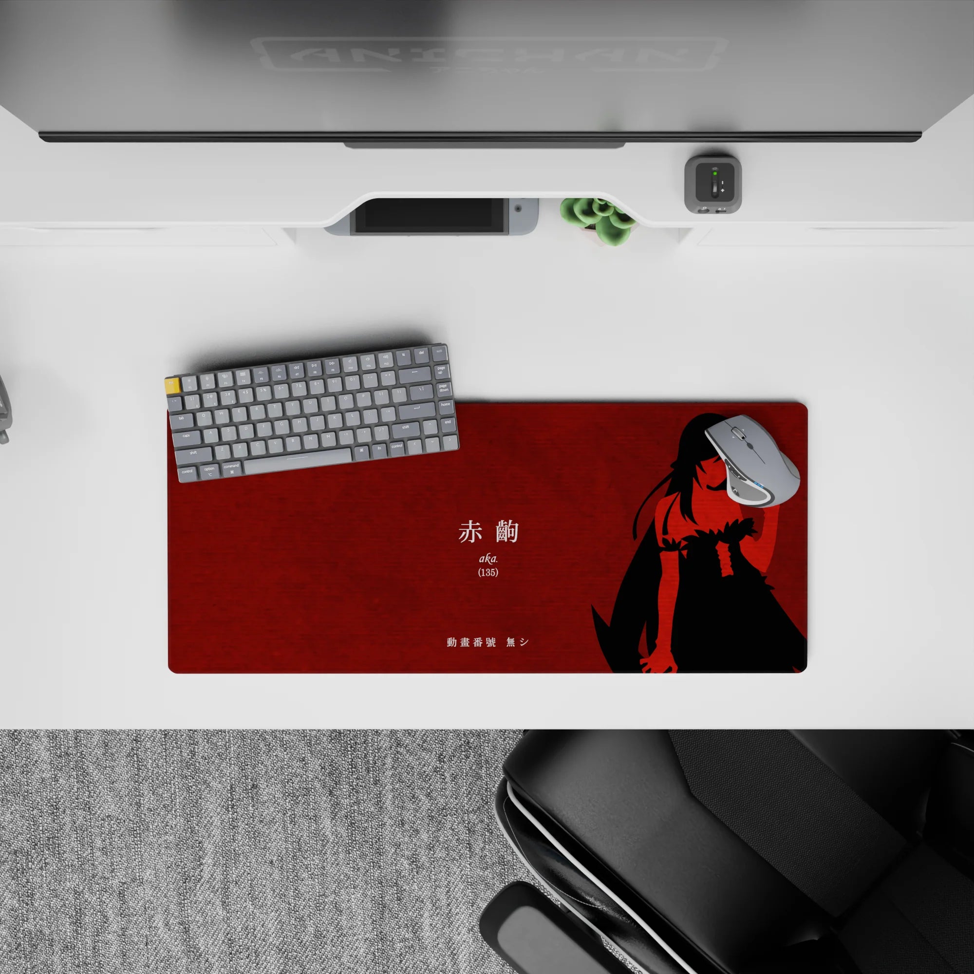 Crimson and black anime girl mouse pad 28x12 inches, moody midnight vibe with sharp contrast and mystery.