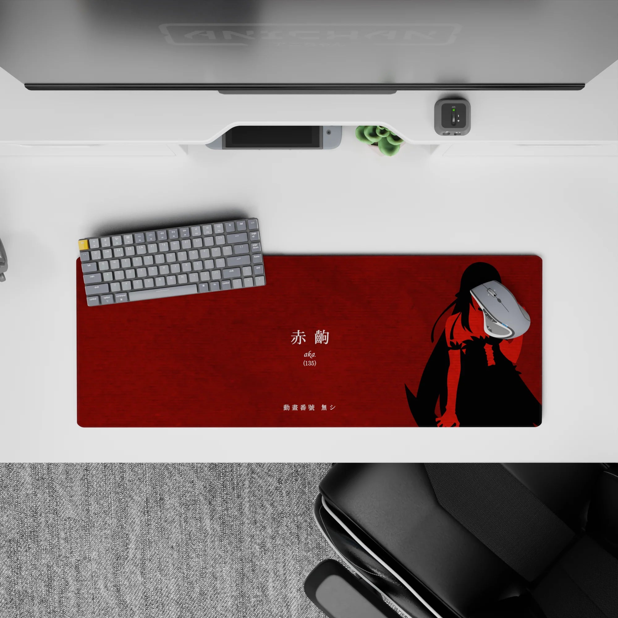 32x12 inches anime girl mouse pad in crimson red with sharp black contrast, quiet cool midnight poster vibe.