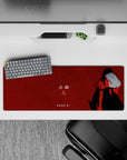 32x12 inches anime girl mouse pad in crimson red with sharp black contrast, quiet cool midnight poster vibe.