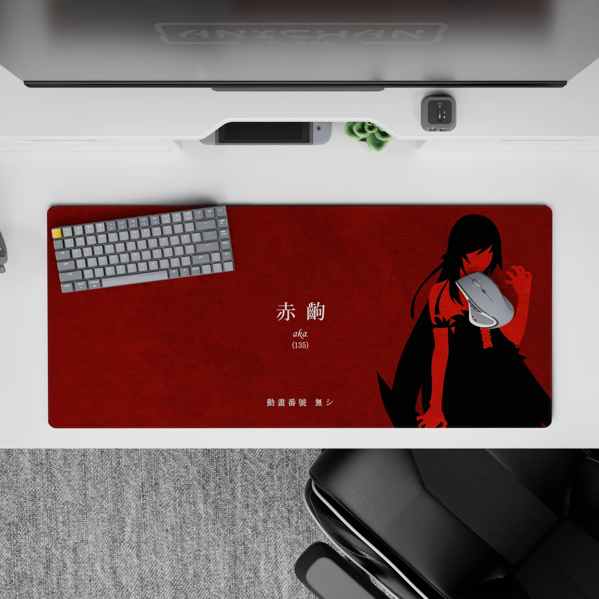 Moody crimson anime girl desk pad 36x16 inches with sharp black contrast and midnight poster vibe.