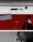 Moody crimson anime girl desk pad 36x16 inches with sharp black contrast and midnight poster vibe.