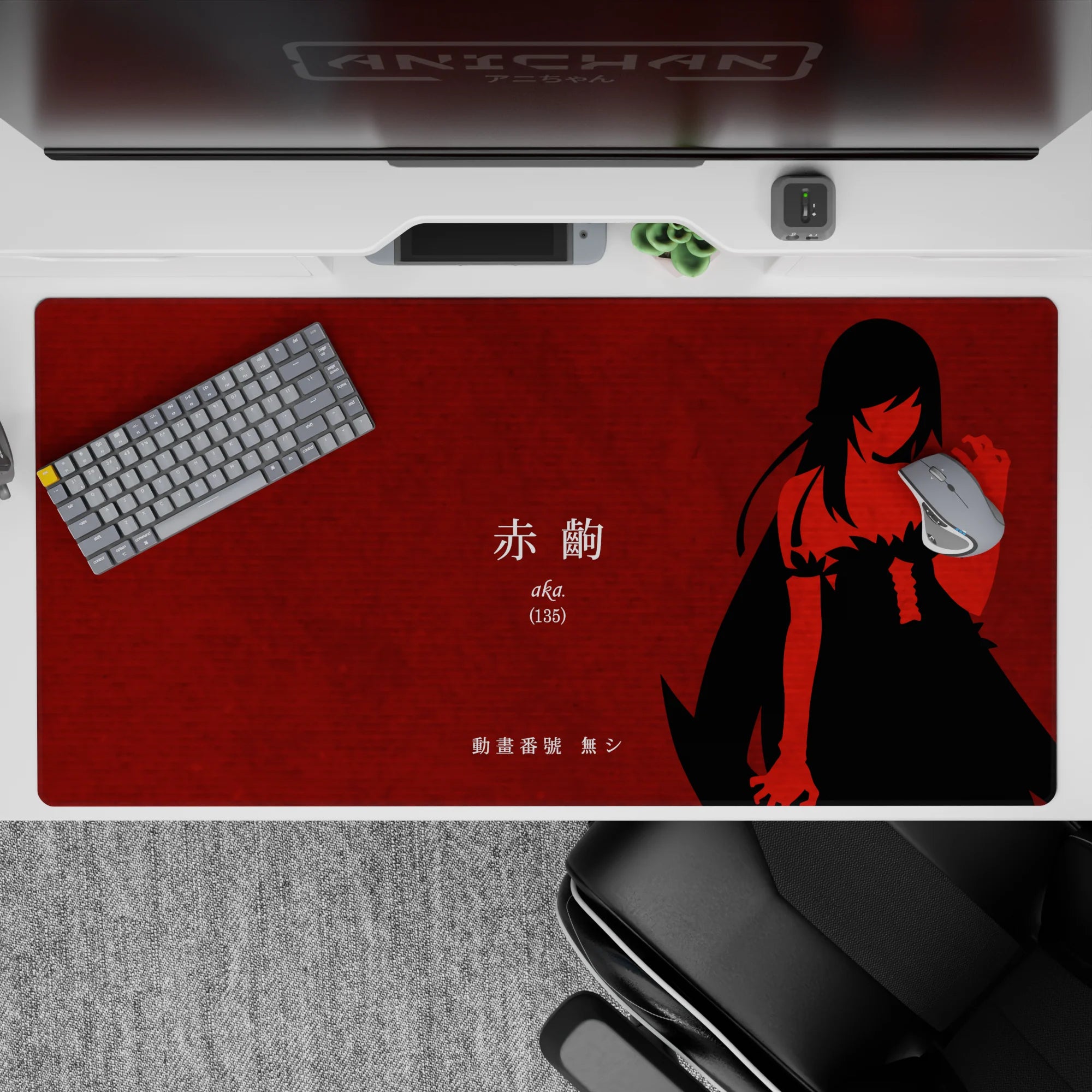 Crimson red anime desk pad 40x20 inches, high-contrast minimal art with midnight poster vibe and sharp lines.