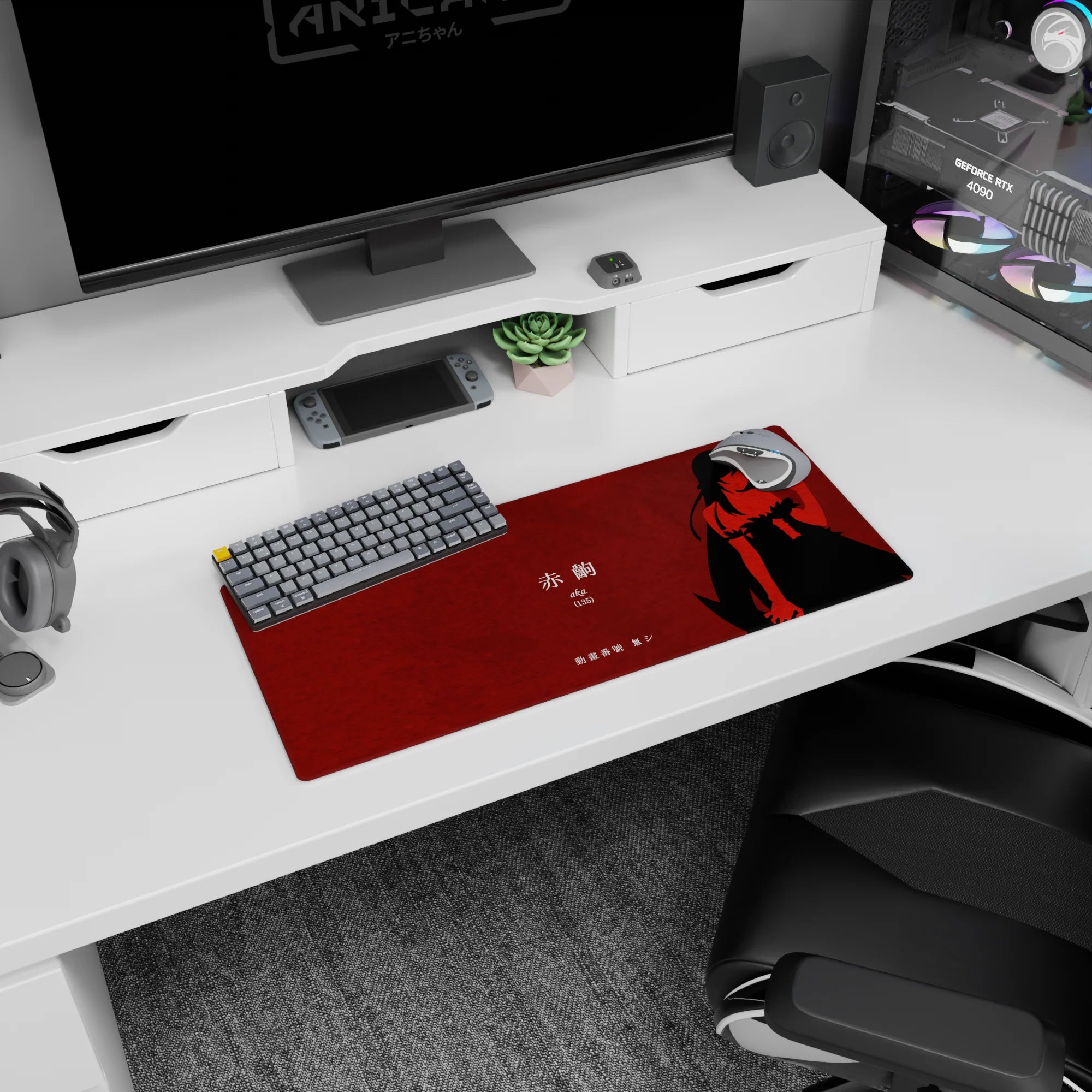 Minimalist silhouette anime girl at desk mouse pad 28x12 inches, bold pose with Japanese lettering.