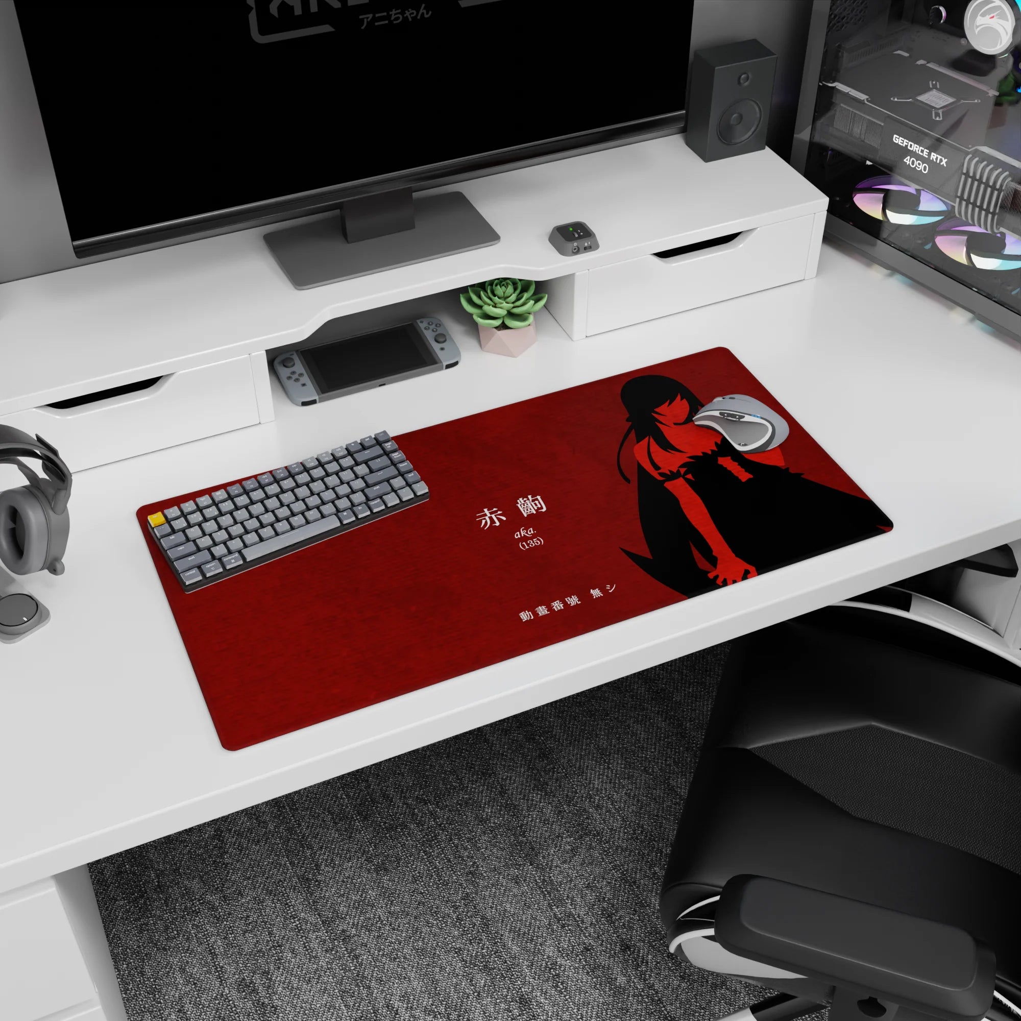 Minimalist anime silhouette girl desk mat mouse pad 32x16 inches with Japanese text and mystery pose.