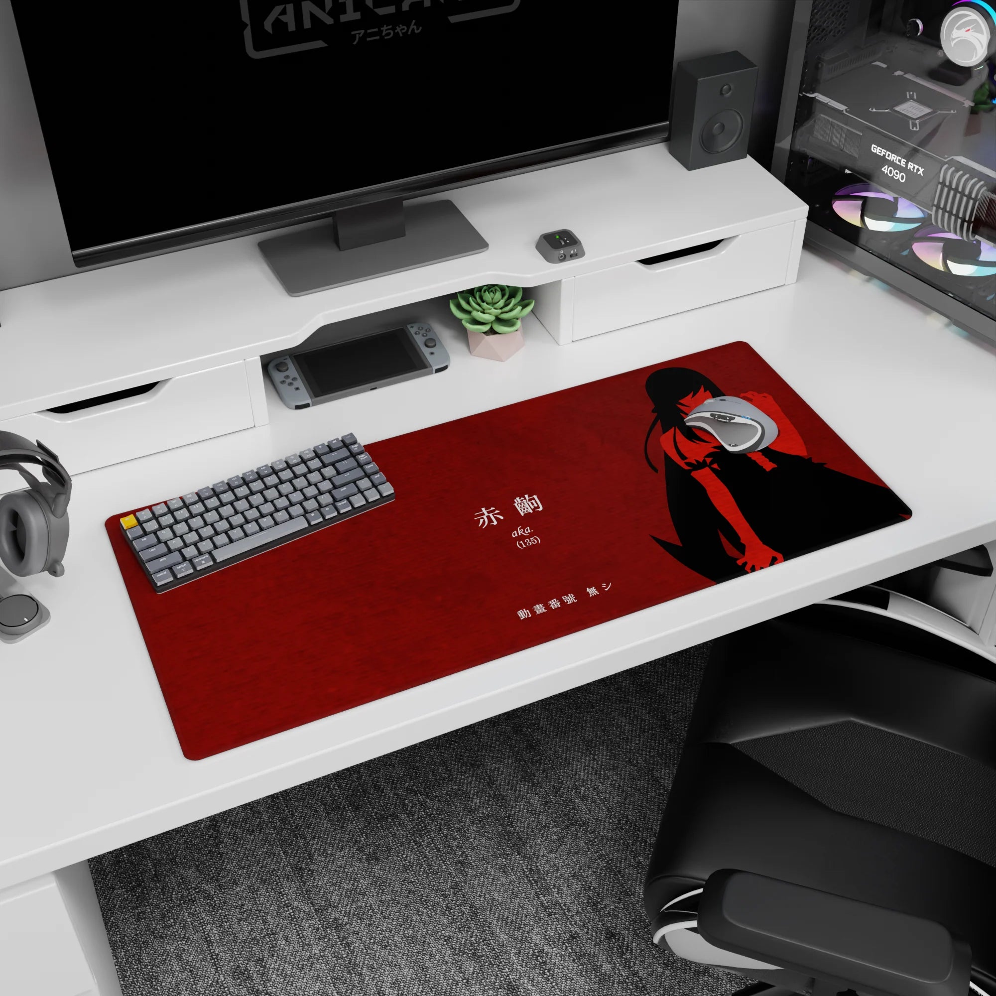 Minimal pose silhouette anime girl desk pad 36x16 inches with Japanese text on a red background.