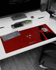 Minimal pose silhouette anime girl desk pad 36x16 inches with Japanese text on a red background.