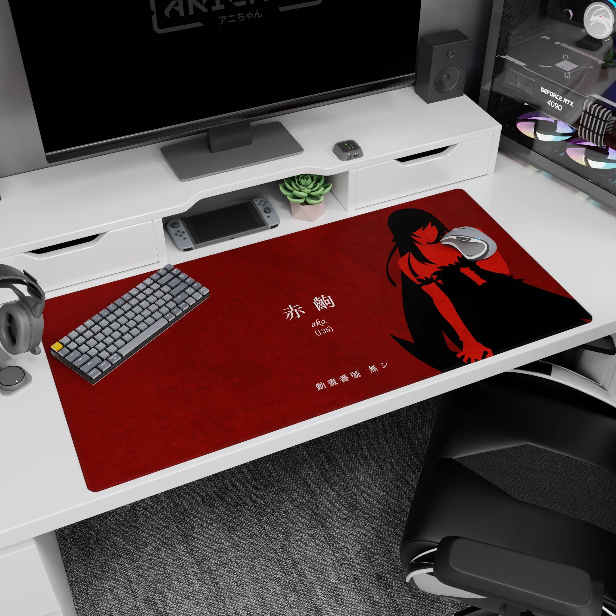 Mysterious anime girl silhouette desk pad 40x20 inches, cool dangerous pose with Japanese lettering on red.