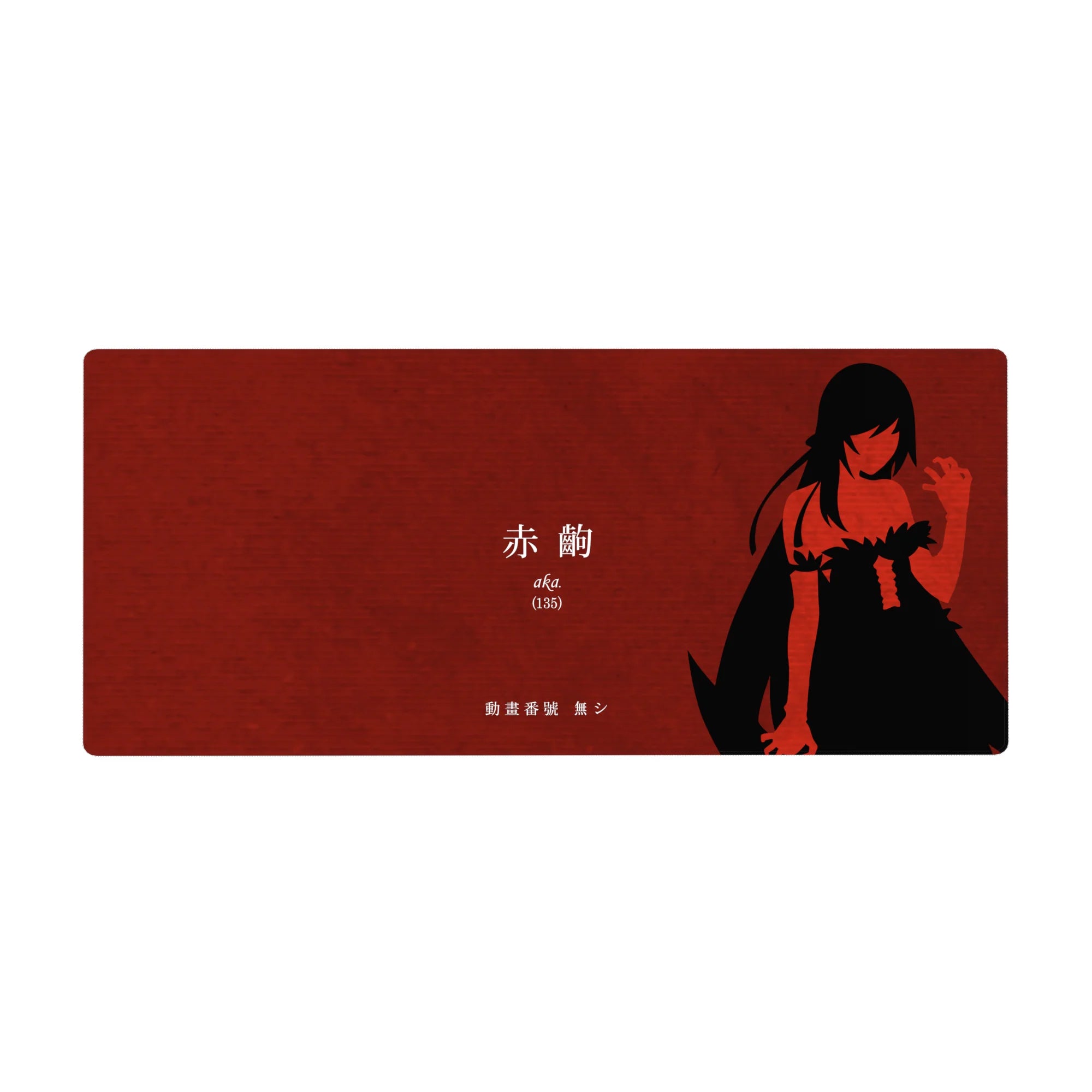 Anime girl desk pad 36x16 inches with red backdrop, grain texture, and bold black silhouette artwork.