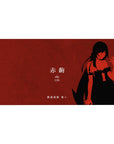 Anime girl desk pad 40x20 inches with bold black silhouette on moody red grain backdrop and Japanese text.