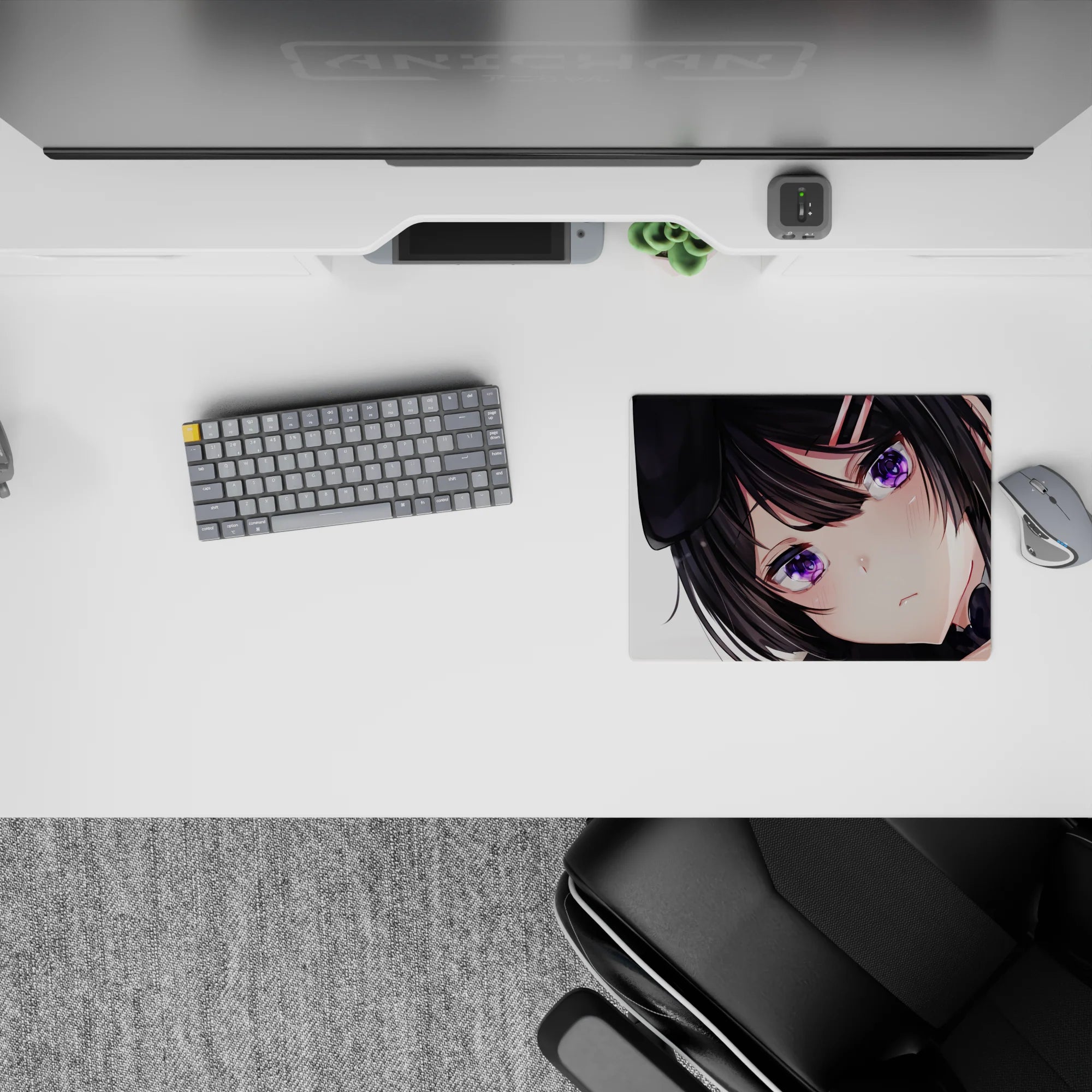 Cozy goth-cute 14x10 inches anime girl mouse pad in soft black, violet, and blush tones on white.