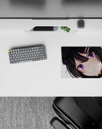 Cozy goth-cute 14x10 inches anime girl mouse pad in soft black, violet, and blush tones on white.
