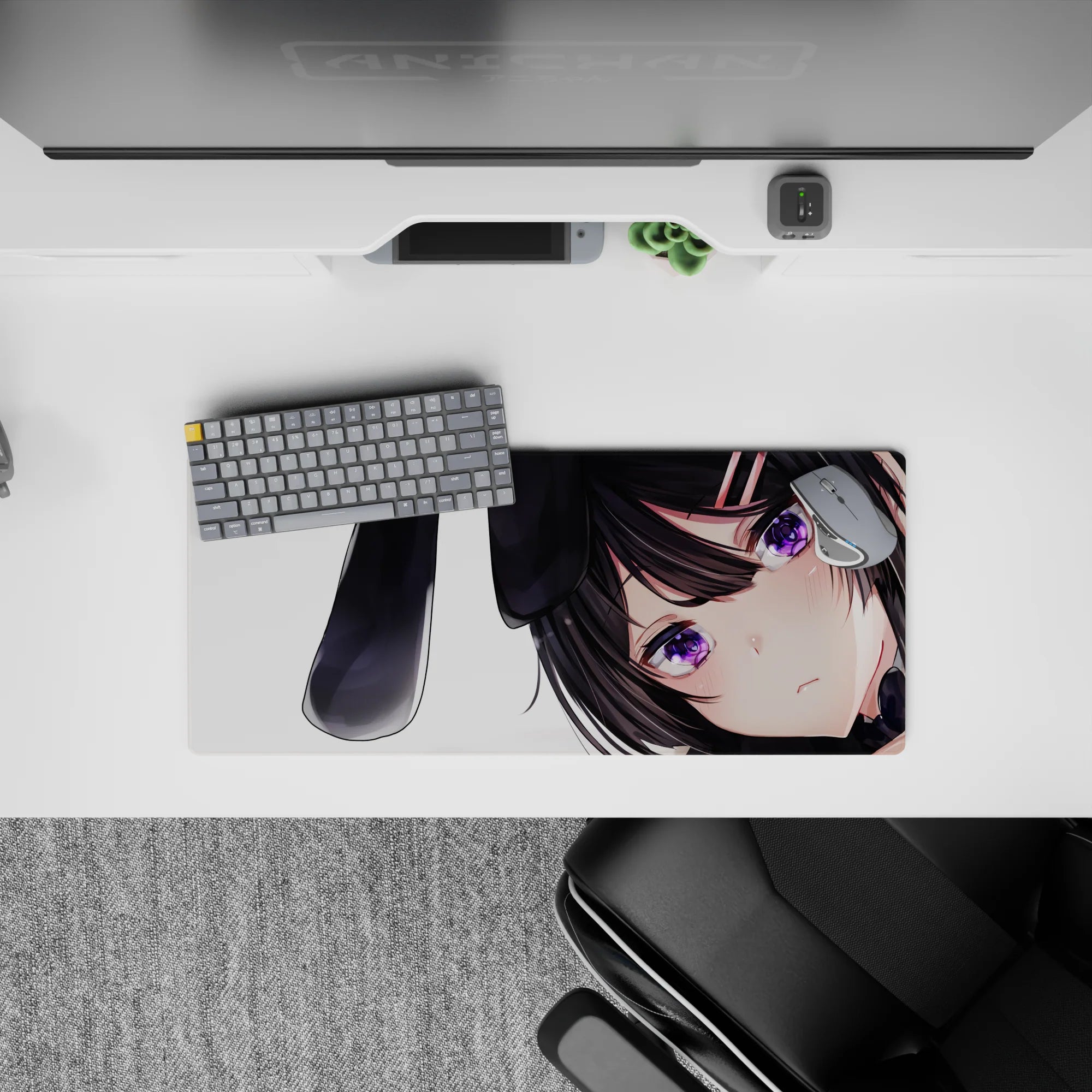 28x12 inches cozy goth-cute mouse pad, glossy violet eyes, blush cheeks, black ribbon ears on white.
