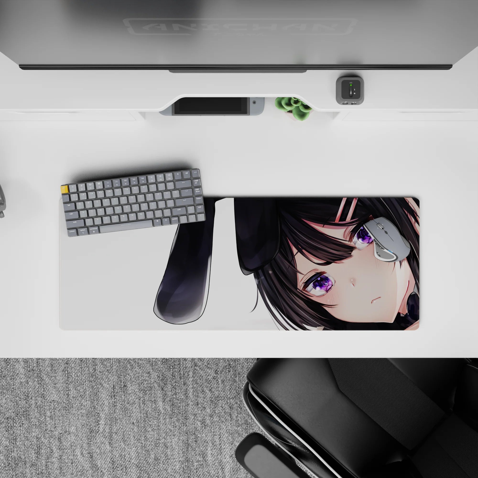 32x12 inches cozy goth-cute mouse pad in soft shading, black ribbon ears, blush cheeks, clean white.