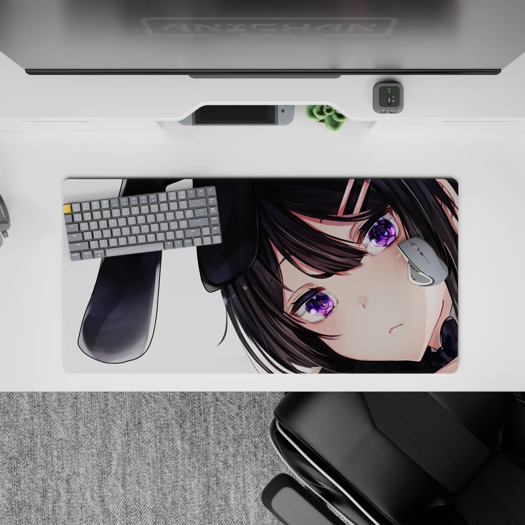 32x16 inches cozy goth-cute mouse pad in black, white, and violet with soft shading and shy vibe.