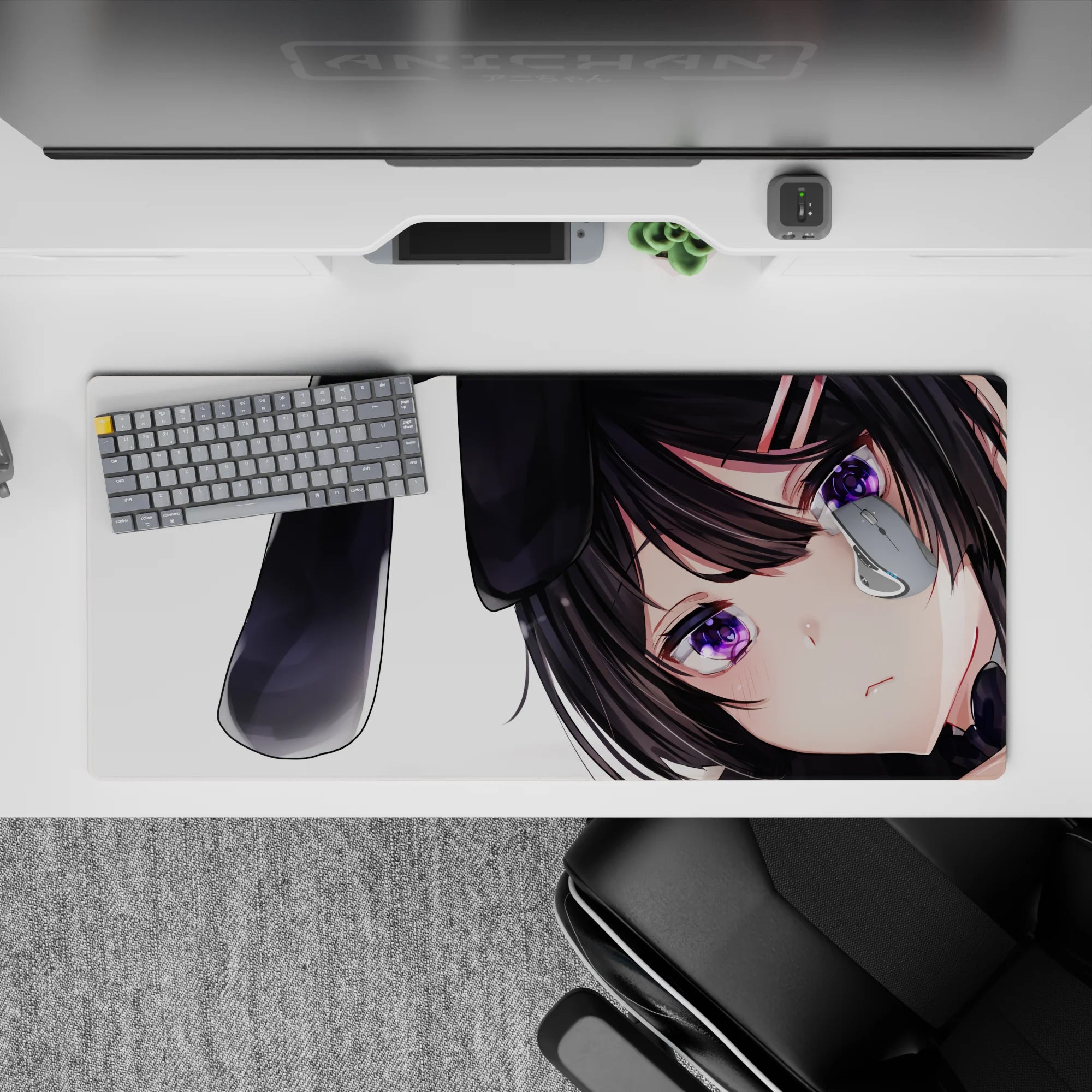 Cozy goth-cute anime desk pad 36x16 inches in black, white, and violet with soft blushy shading.