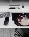 Cozy goth-cute anime desk pad 36x16 inches in black, white, and violet with soft blushy shading.