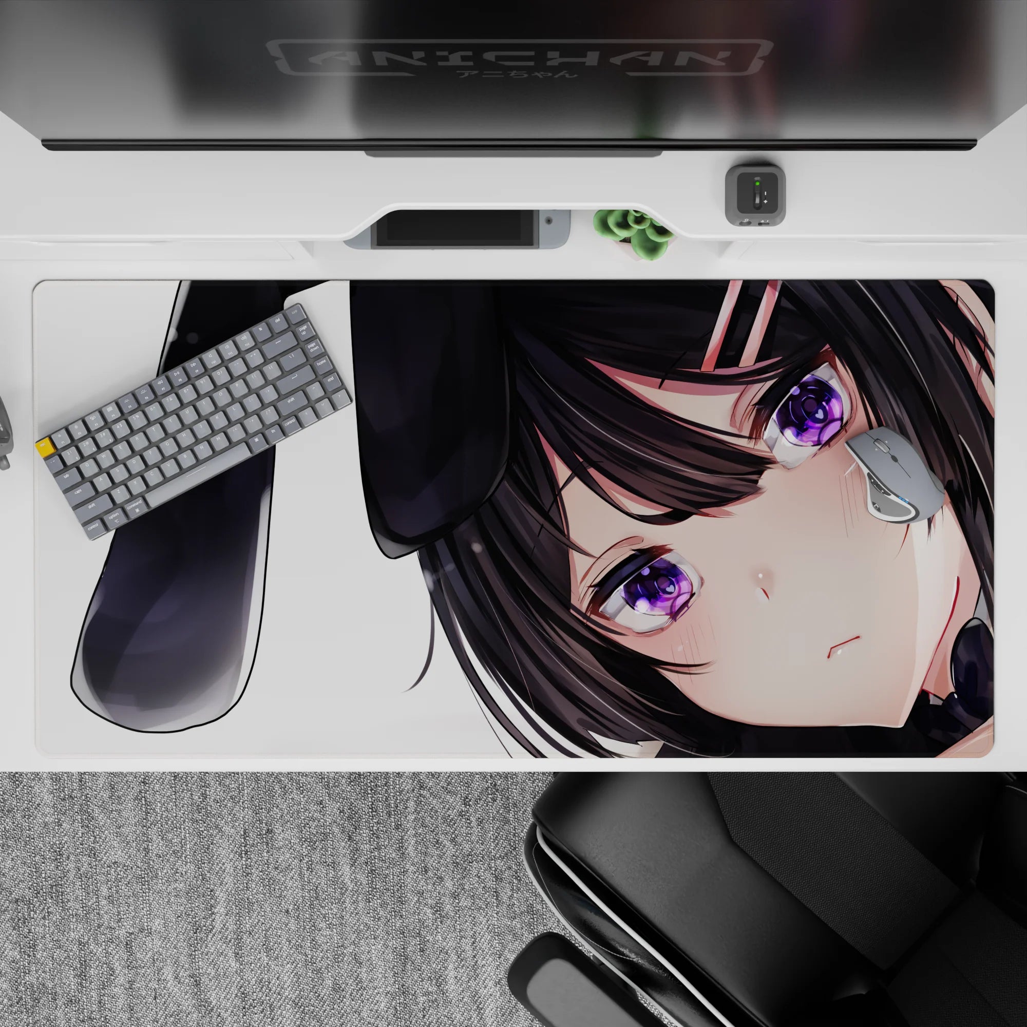 Cozy goth-cute anime desk pad 40x20 inches, black ribbon bunny ears, soft shading, clean white.