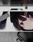 Cozy goth-cute anime desk pad 40x20 inches, black ribbon bunny ears, soft shading, clean white.
