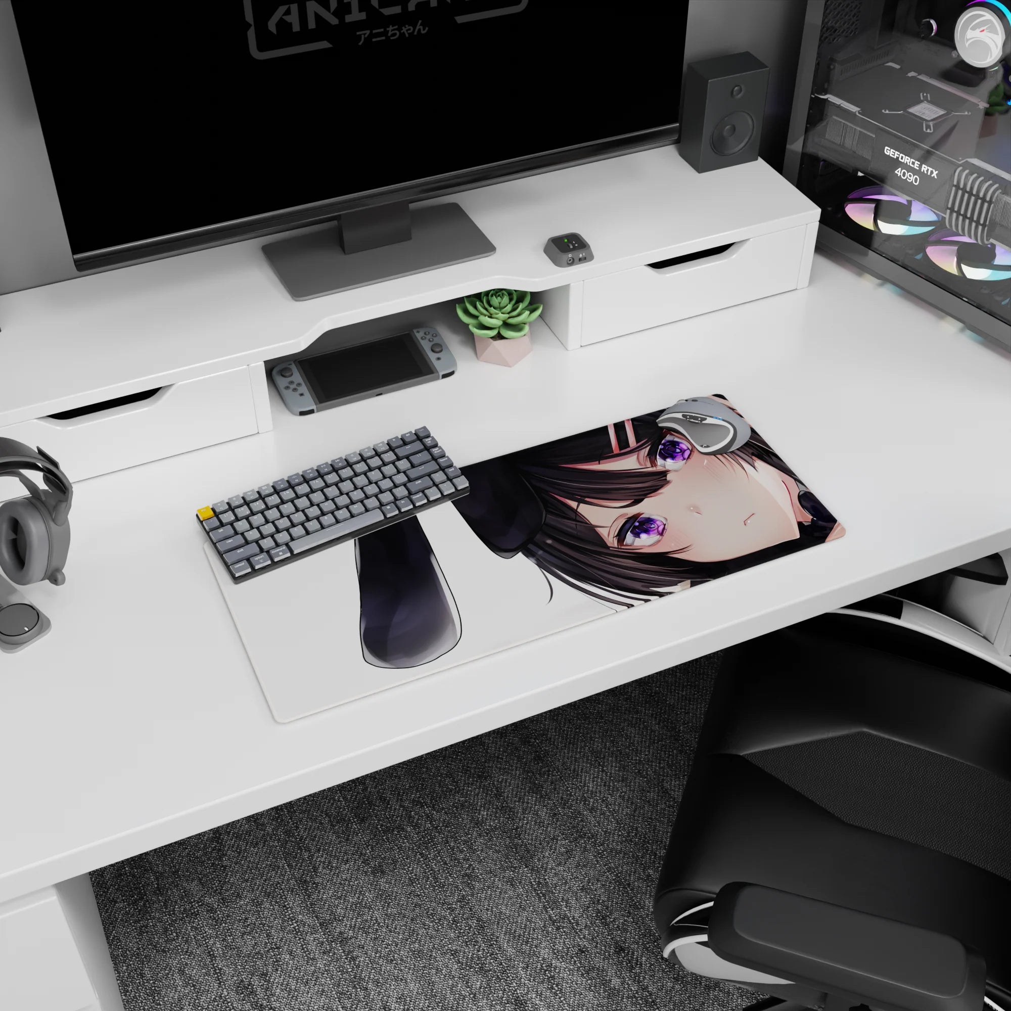 28x12 inches mouse pad showing a shy dark-haired bunny girl with tiny hair clips and teasing look.