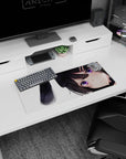 28x12 inches mouse pad showing a shy dark-haired bunny girl with tiny hair clips and teasing look.