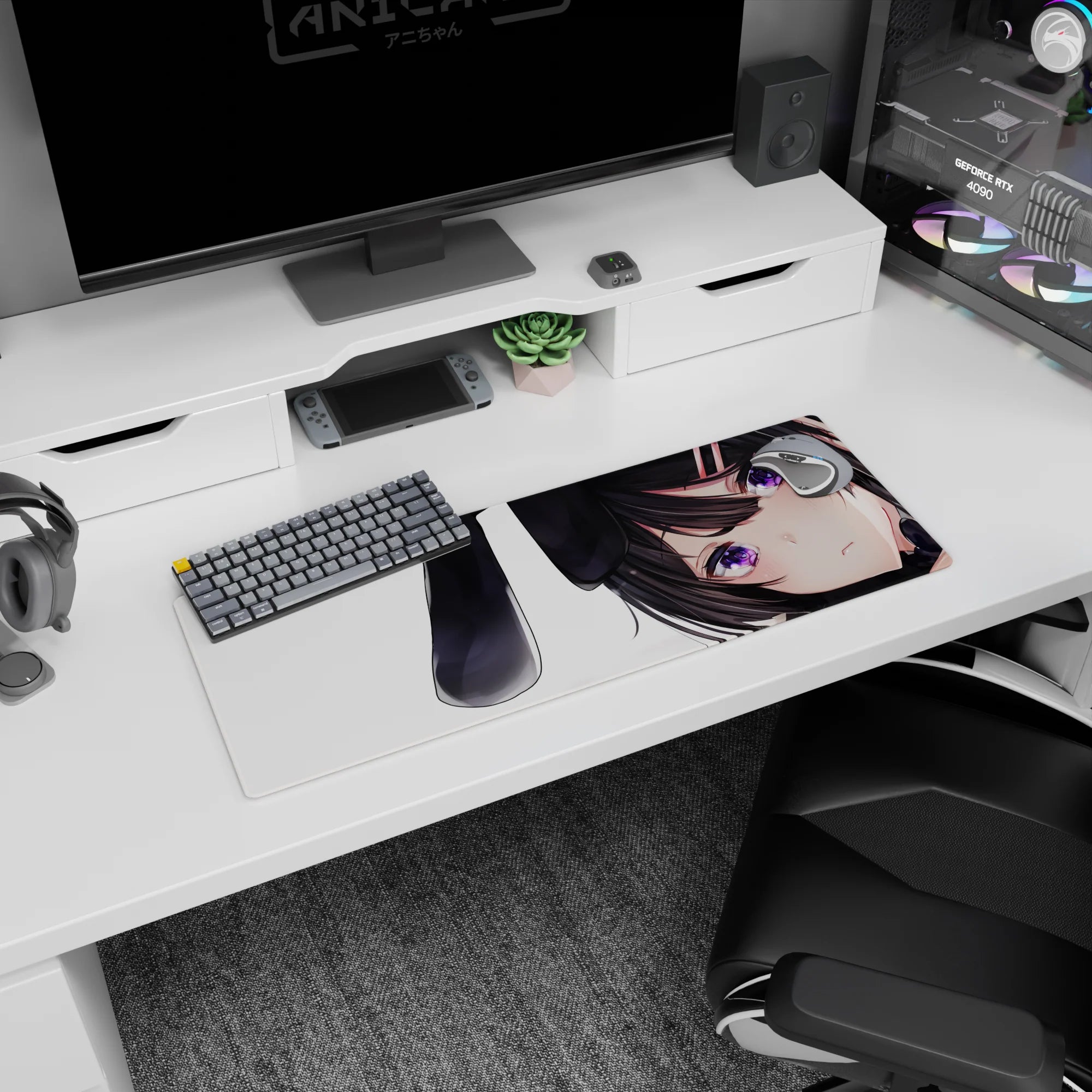 32x12 inches desk mat showing a shy bunny girl with glossy violet eyes, hair clips, and teasing smile.