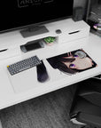 32x12 inches desk mat showing a shy bunny girl with glossy violet eyes, hair clips, and teasing smile.