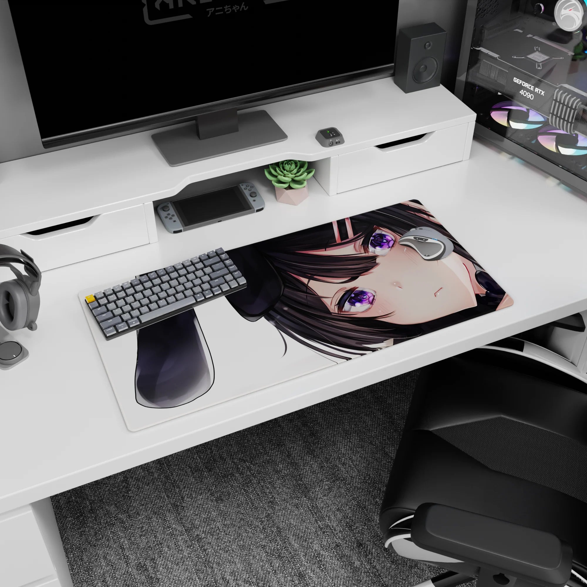 32x16 inches mouse pad showing a shy dark-haired bunny girl with ribbon ears, clips, and glossy eyes.