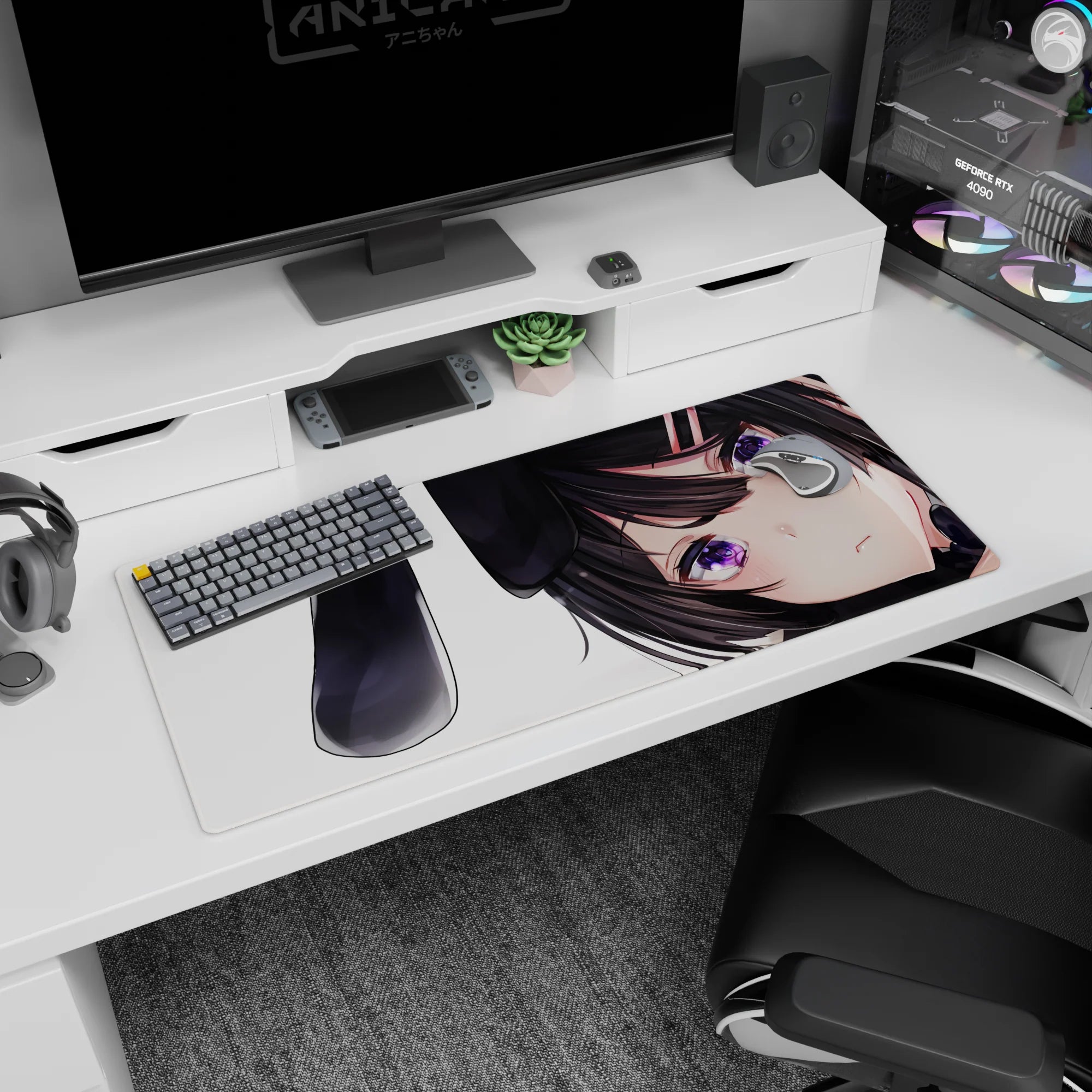 Shy bunny girl with black ribbon ears and tiny hair clips on anime desk pad 36x16 inches.