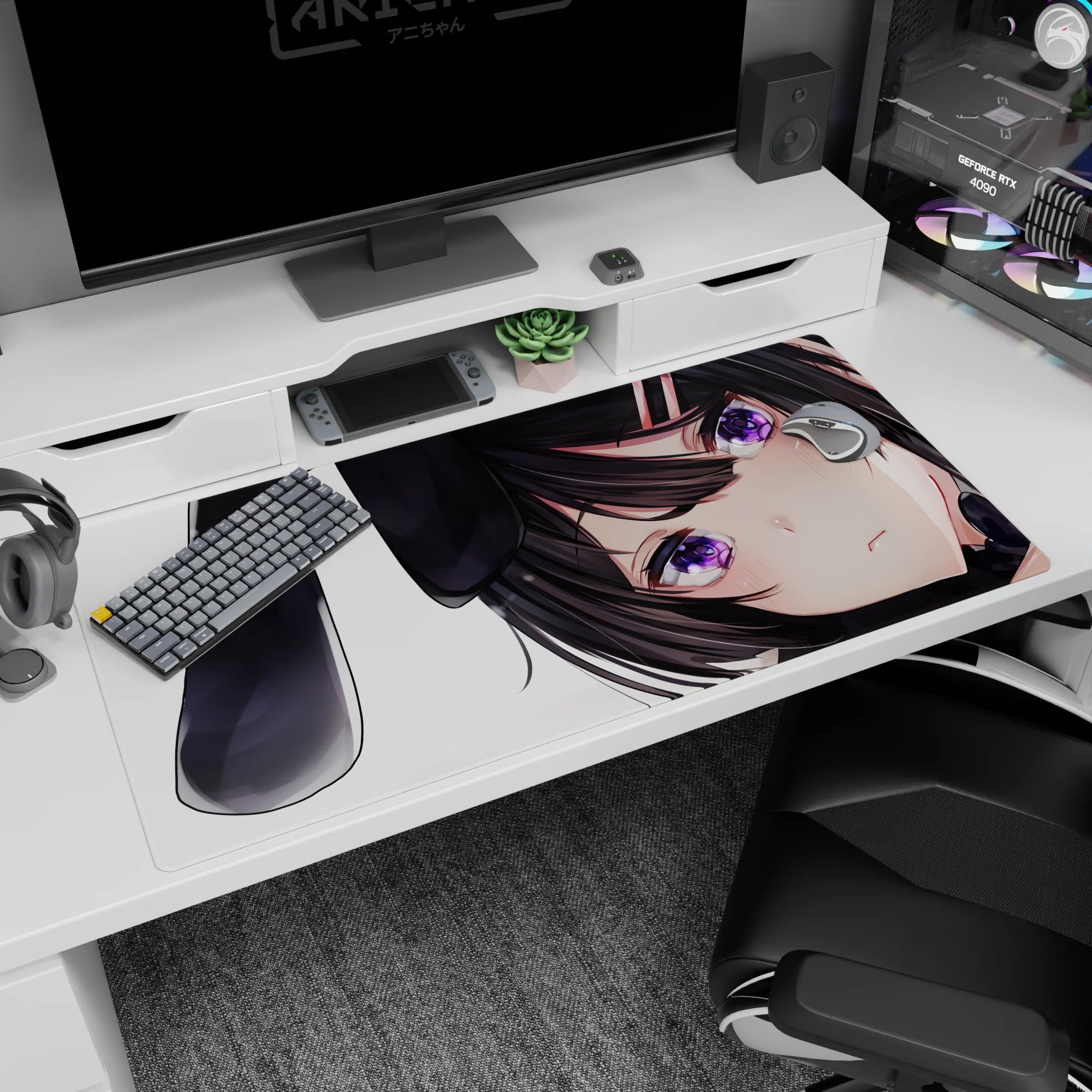 Shy bunny girl anime desk pad 40x20 inches, glossy violet eyes, tiny hair clips, teasing smile.