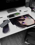 Shy bunny girl anime desk pad 40x20 inches, glossy violet eyes, tiny hair clips, teasing smile.