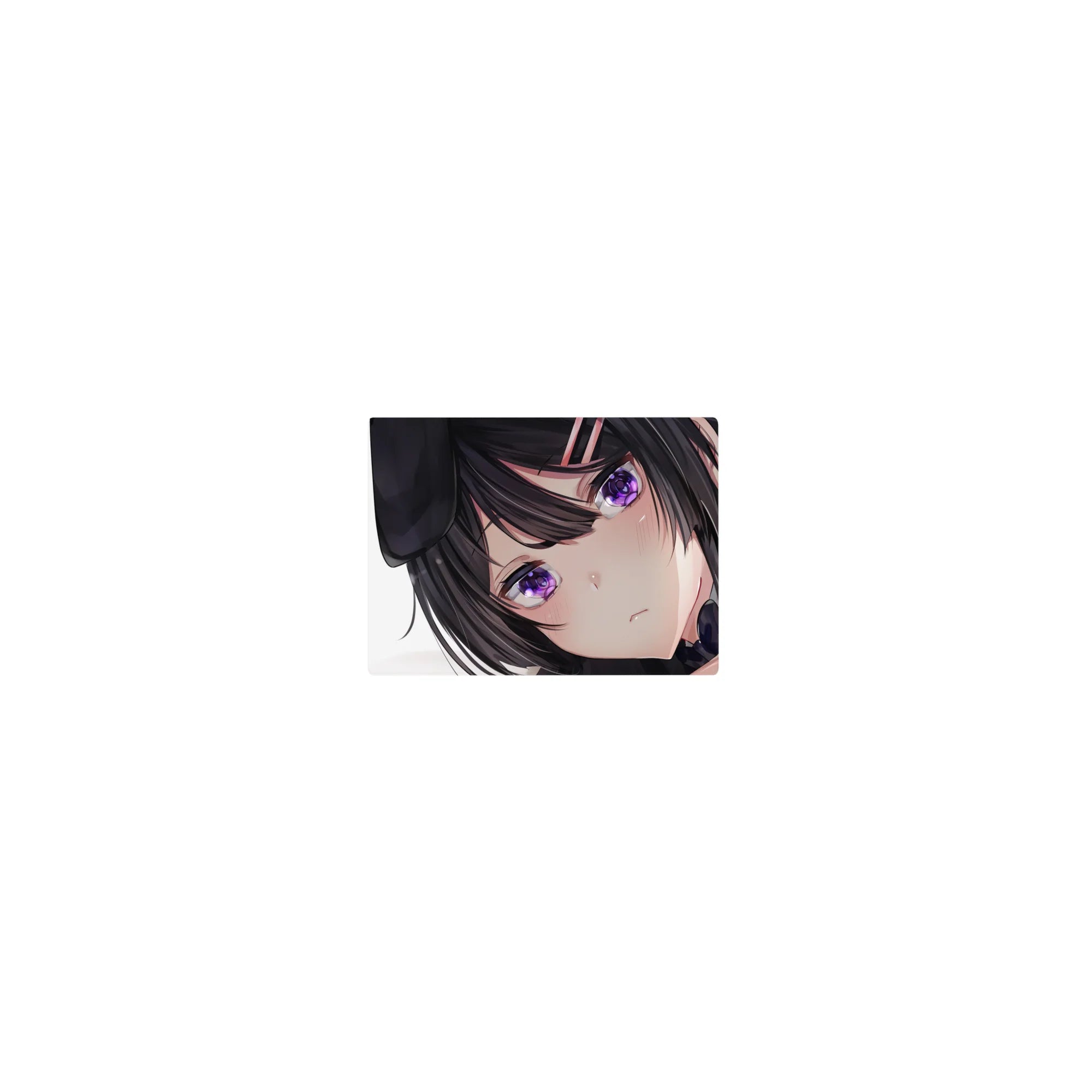 Classic anime girl mouse pad 14x10 inches with dark-haired bunny girl, violet eyes, white background.