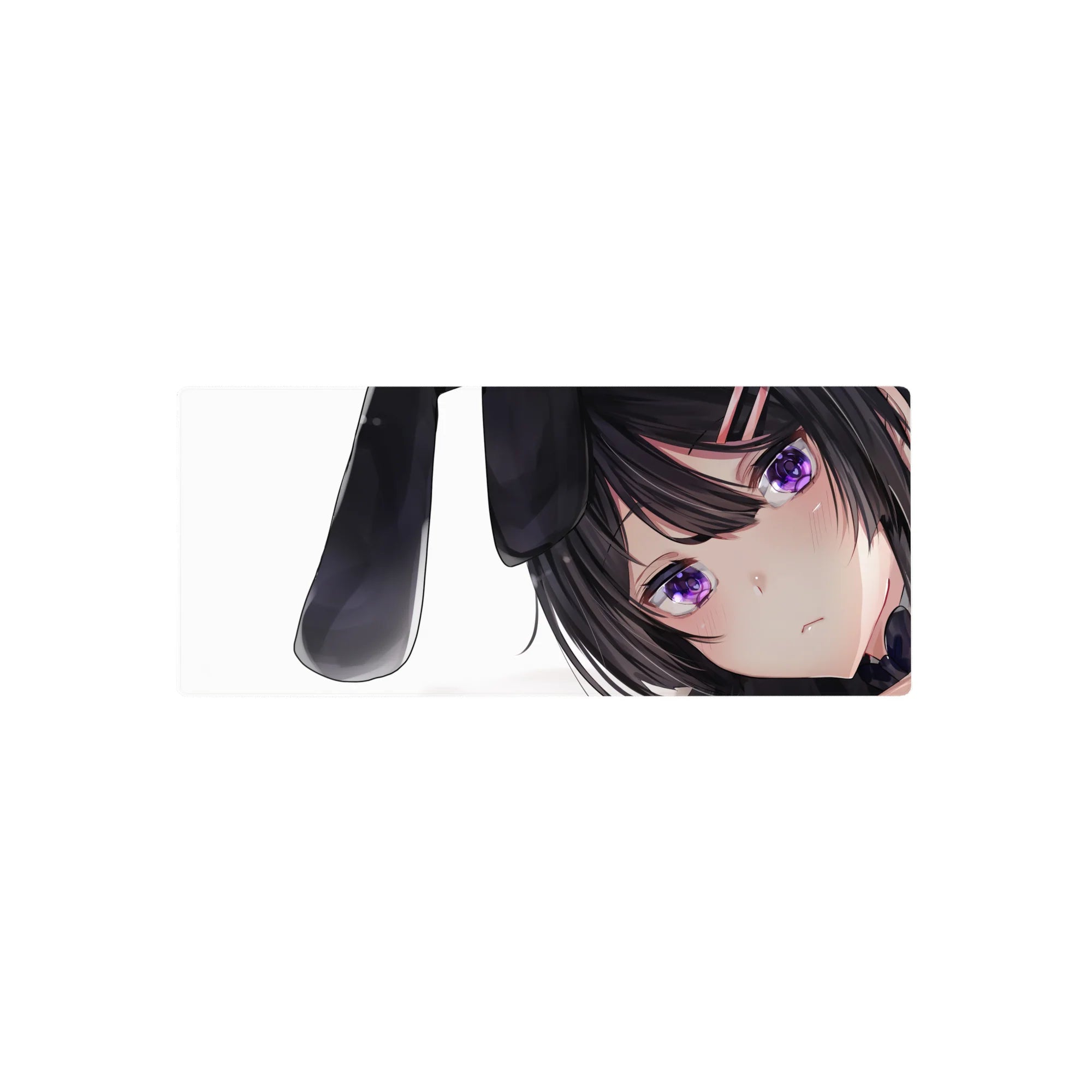 28x12 inches anime girl mouse pad with dark-haired bunny girl, violet eyes, and clean white background.